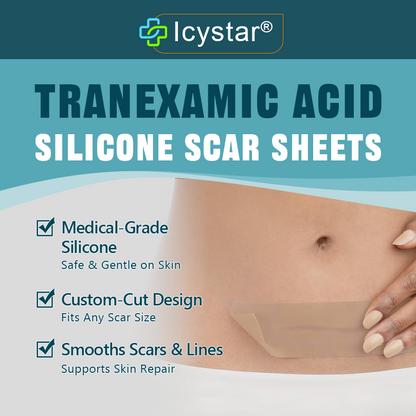Icystar®Tranexamic Acid silicone scar sheets——Fade Scars · Brighten Dark Spots · Firm Loose Skin