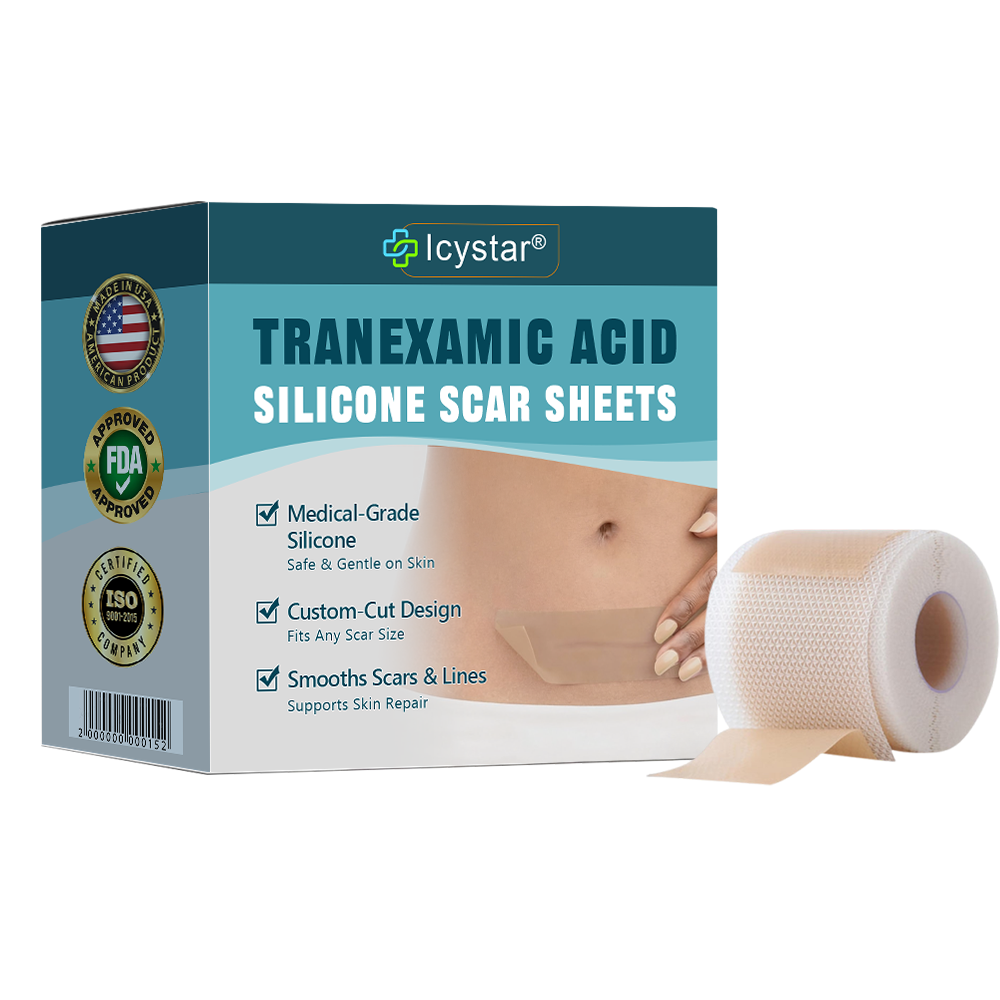 Icystar®Tranexamic Acid silicone scar sheets——Fade Scars · Brighten Dark Spots · Firm Loose Skin