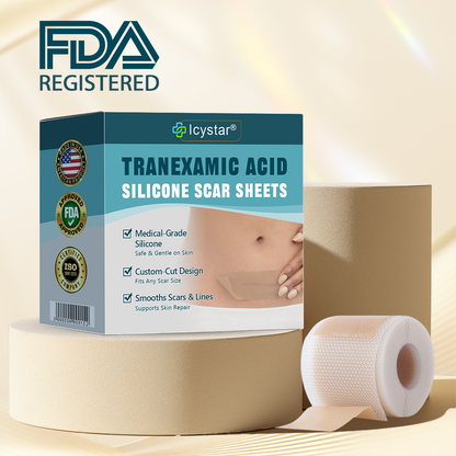 Icystar®Tranexamic Acid silicone scar sheets——Fade Scars · Brighten Dark Spots · Firm Loose Skin